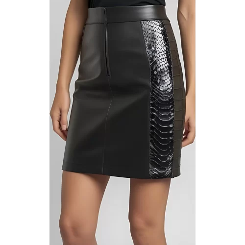 Jupe mi longue en cuir d'agneau noir et cuir d'agneau imprimé crocodile modèle Juliette