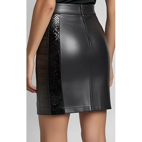Jupe mi longue en cuir d'agneau noir et cuir d'agneau imprimé crocodile modèle Juliette