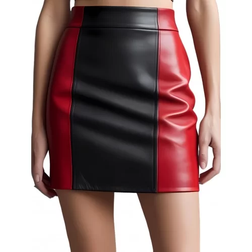 Jupe courte en cuir d'agneau bicolore noir et rouge modèle Nour