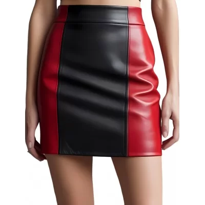 Jupe courte en cuir d'agneau bicolore noir et rouge modèle Nour